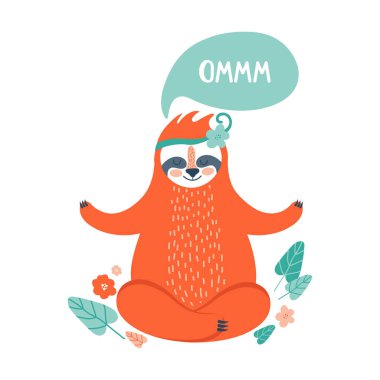 Lotus pozisyonunda meditasyon yapan şirin tembel hayvan. Meditasyonda oturan tembel hayvanın basit bir karikatürü. Sevimli karakter tembel hayvan. Tişört tasarımı, poster, selamlama, kart, etiket, pankart