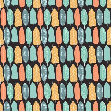 Renkli tropikal ve orman yapraklı, soyut, pürüzsüz bir desen. İskandinav tarzı arka plan. Egzotik bitkilerin el çizimi geçmişi. Botanik ambalaj kağıdı, tekstil, arkaplan düz tasarımı.