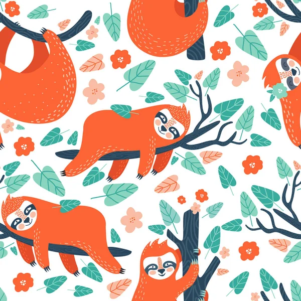 Patrón tropical sin costuras con perezosos divertidos colgando en el árbol. Adorable fondo animal de dibujos animados. Bosque lluvioso conjunto de perezosos lindos, flores, hojas. Diseño dibujado a mano para tela en estilo escandinavo . — Vector de stock