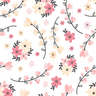 Soyut çiçek el çizimi vektör pürüzsüz desen. Çiçek açan pembe ve sarı çiçekler botanik arka plan, fon. Bahçe çiçekleri dokusu. Çiçek retro tekstil, kumaş, ambalaj kağıdı.