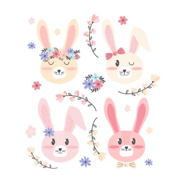 Sevimli mutlu Paskalya pembe, sarı tavşanlar ve çiçekler. İskandinav tarzı tebrik kartı ya da afiş. Çizgi film karakterini yakından çek. Küçük çizgi film tavşanı. Çocuklar için vektör illüstrasyonu.