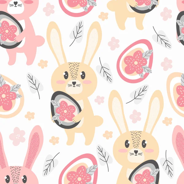 Padrão sem costura Cute Bunnies com ovo de Páscoa e flores. Fundo de primavera festivo no estilo desenhado à mão escandinavo. Personagem de desenhos animados coelhinho. Design para têxteis, papel de embalagem, tecido . — Vetor de Stock