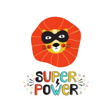 Süper güç dekoratif el çizimi vektör harfleri. Sevimli aslan suratlı özgürlük sloganı İskandinav tarzı illüstrasyon. Komik tişört baskısı, afiş tasarım unsuru. Kawaii süper kahramanıyla yaratıcı..