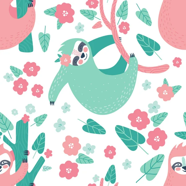 Patrón tropical sin costuras con perezosos divertidos colgando en el árbol. Adorable fondo animal de dibujos animados. Bosque lluvioso conjunto de perezosos lindos, flores, hojas. Diseño dibujado a mano para tela en estilo escandinavo . — Vector de stock