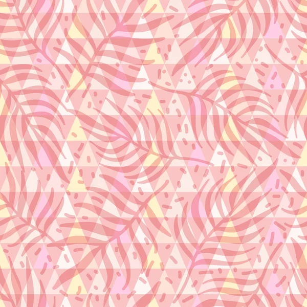 Симпатичный скандинавский геометрический бесшовный узор в розовой пастельной палитре с треугольниками и растительной текстурой. Красочный абстрактный фон. Украшение поверхности обоев, текстиля, оберточной бумаги . — стоковый вектор