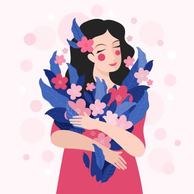 Elinde bir buket çiçek tutan tatlı bir kadın. İskandinav tarzında bahar tatili illüstrasyonu. Parlak pembe elbiseli, el çizimi romantik kız. Uluslararası Kadınlar Günü.