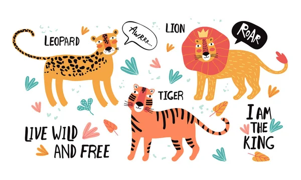 Set of wild cats, leopard, lion, tiger. Flat vector illustration. Wild exotic animals. Cute animal character idea for printed material and t-shirt, greeting card, children s wall art, sticker — 스톡 벡터