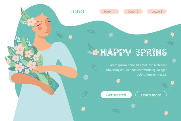 Landning sida mall för våren design på temat glada kvinnor dag. Webbsida design för 8 mars. Vacker kvinna med en bukett blommor. Platta vektorillustrationer. Design banner, hemsida, app. — Stock vektor