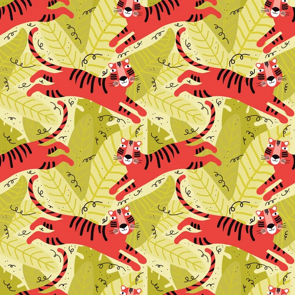 Бесшовный рисунок милый тигр в джунглях. Смешное мультяшное животное. Предпосылки / контекст cute wild cats in tropical leaves. Скандальный плоский дизайн. Тропический лес, саванна. Зоопарк, сафари . — стоковый вектор