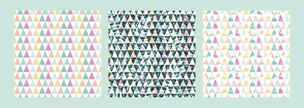 Establecer lindo patrón geométrico escandinavo sin costura con triángulos y textura vegetal. Fondo abstracto colorido. Decoración de la superficie de fondo de pantalla, textil, papel de embalaje, embalaje, tela . — Vector de stock