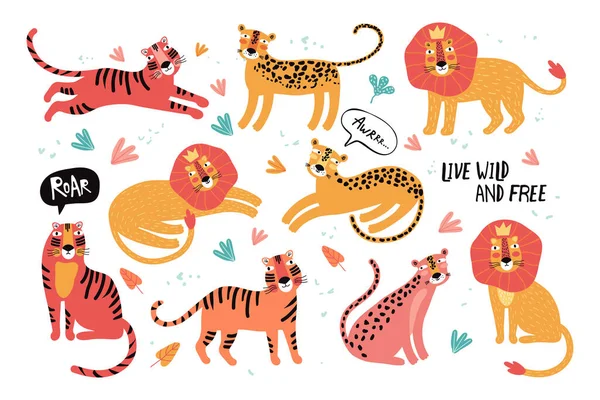 Набор диких кошек, леопарда, льва, тигра. Животные Тайваня. Плоский векторный рисунок. Дикие экзотические животные. Симпатичная идея животного характера для печатных материалов и футболок, поздравительная открытка, детская настенная живопись . — стоковый вектор