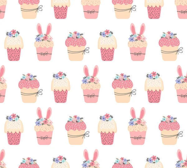 Seamless pattern Happy Easter Day. Easter cake, sweet bread or Paska and spring flowers. Scandinavian hand drawn vector background. Sweet pastries or cake. Traditional Orthodox and Catholic food. — Stock Vector