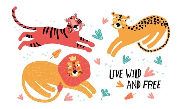 Conjunto Gatos Salvajes Leopardo León Tigre Ilustración Vectorial Plana Animales — Archivo Imágenes Vectoriales