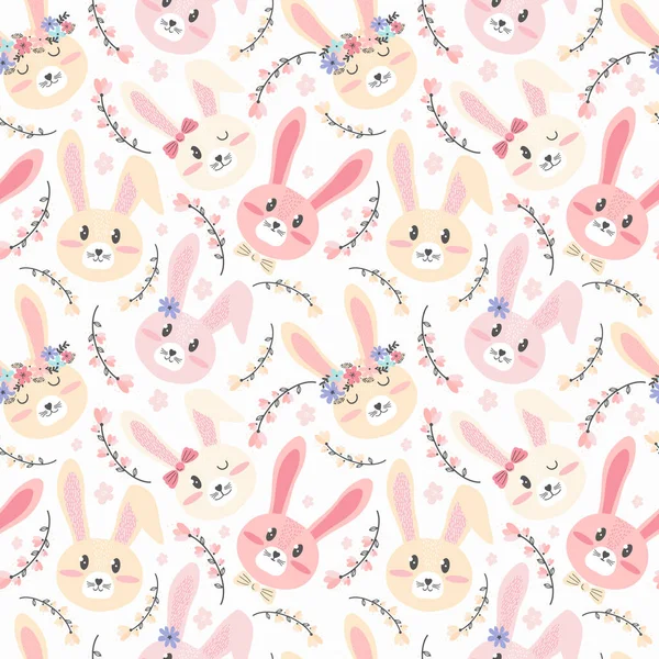 Kusursuz desenli şirin Paskalya pembe ve çiçekli sarı tavşanlar. İskandinav el çizimi tarzında şenlikli bahar arkaplanı. Çizgi film karakterini yakından çek. Küçük çizgi film tavşanı. Mutlu Paskalyalar.