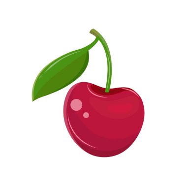 Beyaz arka planda kırmızı kiraz. Sapında yaprak olan bir meyve. Tatlı meyve. Böğürtlen ikonu. El çizimi vektör illüstrasyonu.