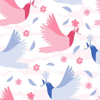 Renkli çiçeklerin ve uçan kuşların kusursuz deseni. Bahar ya da yaz dönemi. Bulutlu pembe gökyüzü. İskandinav tarzında elle çizilmiş düz bir çizim. Tekstil, kumaş, kağıt tasarımı