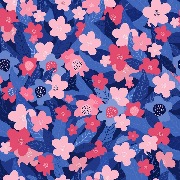 Patrón Sin Costuras Coloridas Flores Hojas Color Rosa Azul Fondo — Vector de stock