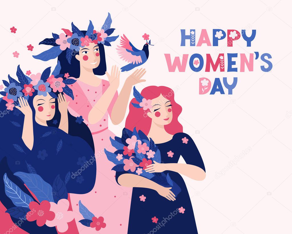 Horizontal template for a spring banner, card, poster. Beautiful women with a flower wreath and a bouquet. Happy women s day. Vector illustration with an inscription. Group of pretty girls in nature