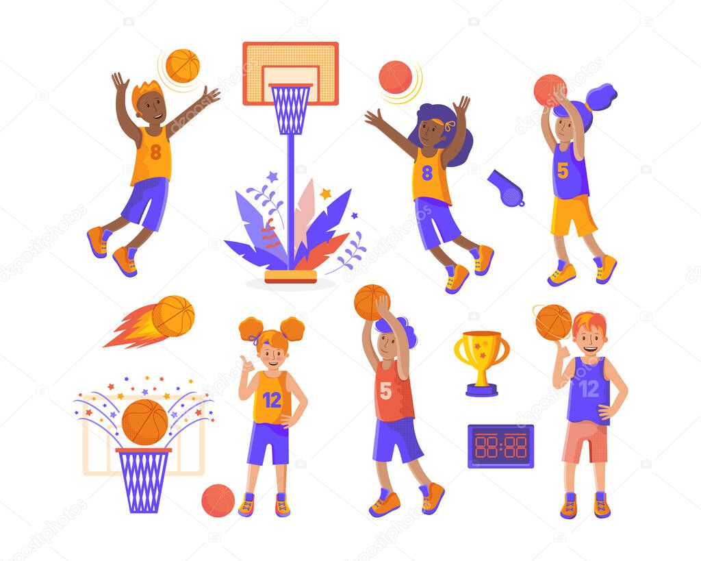 Mens and womens basketball teams. Sports set on the theme of basketball. Girls and boys basketball players, net, scoreboard, ball, whistle, Cup. Athletes and various attributes for sports games