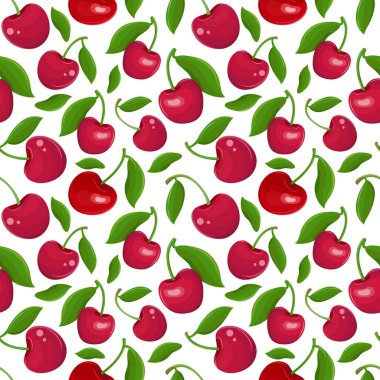 Beyaz arka planda kusursuz kırmızı kiraz deseni. Sapında yaprak olan bir meyve. Tatlı meyve çizgi filmi. Böğürtlen. El çizimi vektör çizimi. Tekstil, duvar kağıdı, ambalaj kağıdı.