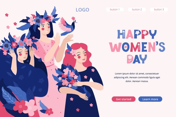 Mutlu kadınlar gününde bahar tasarımı için iniş sayfası şablonu. 8 Mart için web sayfası tasarımı. Elinde bir buket çiçekle güzel bir kadın. Düz vektör çizimleri. Tasarım afişi, web sitesi, uygulama