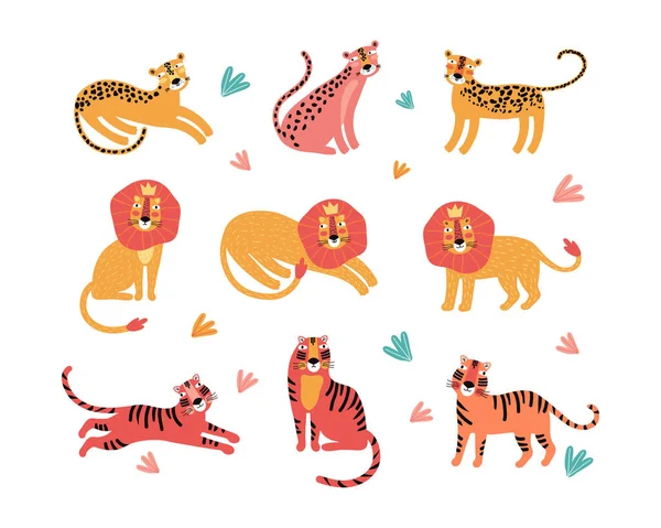 Zestaw Dzikich Kotów Lamparta Lwa Tygrysa Ilustracja Wektora Płaskiego Dzikie — Wektor stockowy