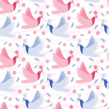 Renkli çiçeklerin ve uçan kuşların kusursuz deseni. Bahar ya da yaz dönemi. Bulutlu pembe gökyüzü. İskandinav tarzında elle çizilmiş düz bir çizim. Tekstil, kumaş, kağıt tasarımı