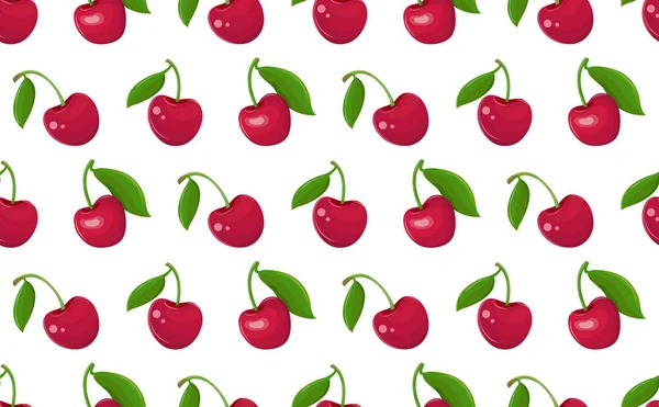 Seamless Pattern Red Cherries White Background Garden Berry Leaf Stem — Stock Vector