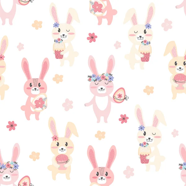 Padrão Sem Costura Cute Bunnies Com Ovo Páscoa Flores Fundo — Vetor de Stock