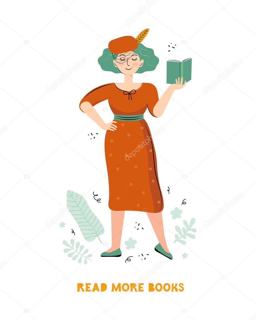 Literary fan. Smart woman who loves literature reads a book. Young stylish woman with a book in her hand. Drawn cartoon character in a vector on a white background. Scandinavian flat illustration