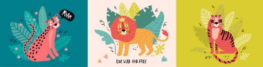 Tatlı leopar, kaplan ve aslan ormanda. Web siteleri ve yazıcılar için yatay pankart. Tropikal yapraklar ve bitkiler içindeki komik vahşi hayvan. Egzotik kedi bir çizgi film karakteridir. El çizimi çizimleri