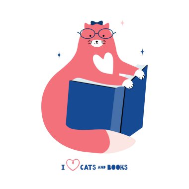 Gözlüklü sevimli kedi ve kitap okuyan bir fiyonk. Edebiyat hayranıyım. Akıllı kedi öğreniyor. En sevdiği hayvan. Komik pembe kedi yavrusu Mutlu hayvan karakteri. İskandinav tarzında elle çizilmiş vektör çizimi