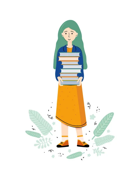 Edebiyat Hayranıyım Akıllı Genç Bir Kadın Büyük Bir Kitap Destesini — Stok Vektör
