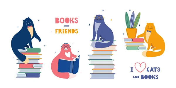 Grappige Katten Zijn Literaire Fans Leuke Dierenliefhebbers Van Literatuur Cartoon — Stockvector