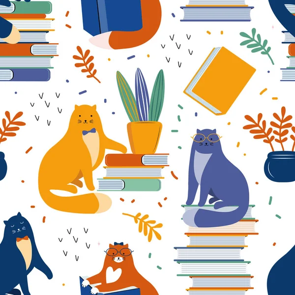 Seamless background with cats reading books. Smart cats with glasses sit on a stack of books. Modern abstract background. Hand drawn Scandinavian illustration. Pet among books. Children Wallpaper
