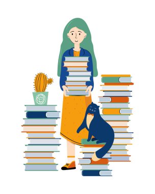 Edebiyat hayranıyım. Akıllı genç bir kadın büyük bir kitap destesini elinde tutuyor. Edebiyat severler. Kitapları olan kız öğrenci. Vektör olarak çizgi film karakteri çizildi. İskandinav düz çizimi