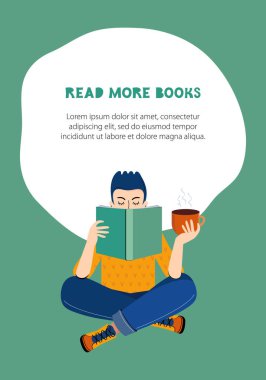 Edebiyat hayranları. Akıllı bir çocuk kitap okur ve kahve ya da çay içer. Evde öğrenme ve kendini geliştirme kavramı. Sancak için şablon. Mesajın için yer aç. Vektörde resimleme çiz