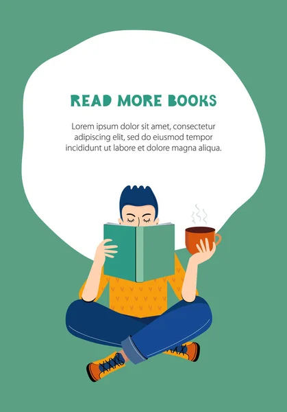 Edebiyat Hayranları Akıllı Bir Çocuk Kitap Okur Kahve Çay Içer — Stok Vektör