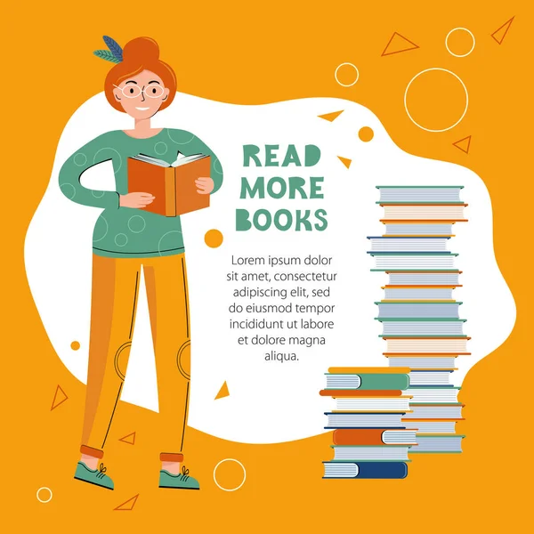 Edebiyat Hayranları Akıllı Kadın Kitap Okur Eğitim Kişisel Gelişim Kavramı — Stok Vektör