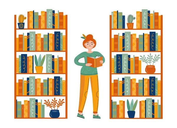 Edebiyat Hayranıyım Gözlüklü Akıllı Bir Kadın Kütüphanede Kitap Okuyor Kadın — Stok Vektör
