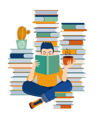 Edebiyat hayranıyım. Edebiyat seven genç bir çocuk kitap okur ve çay ya da kahve içer. Elinde kitap olan genç bir adam. Beyaz arka planda el çizimi çizgi film karakteri. İskandinav illüstrasyonu