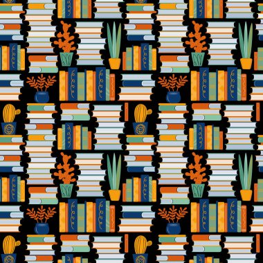Elle çizilmiş kitaplar ve ev bitkileriyle kusursuz vektör deseni. Büyük kitap yığınlarının, kaktüslerin ve suluların arka planı. İskandinav dekoratif tekstil, duvar kağıdı, ambalaj kağıdı tasarımı fikri