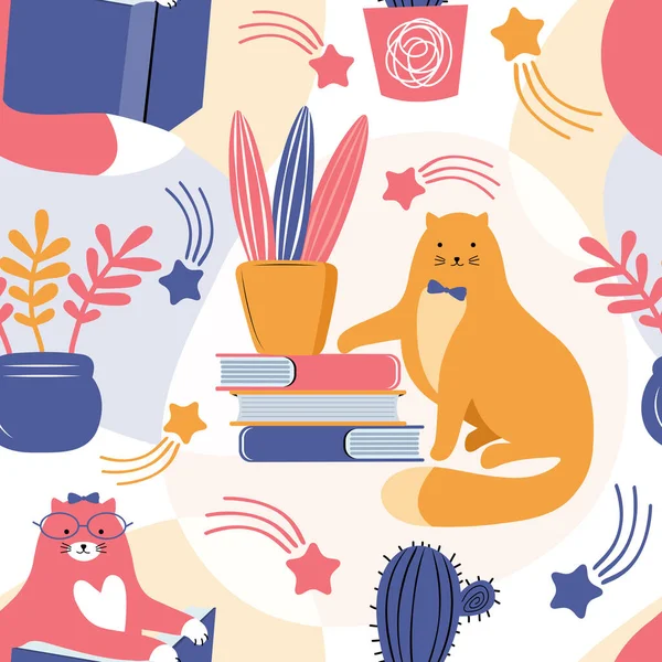 本を読んでいるシームレスなパターンスマート猫 家の植物や流れ星と現代抽象的な背景ピンクとオレンジの猫 面白いペットだ 手描き北欧壁紙 子供のデザイン — ストックベクタ