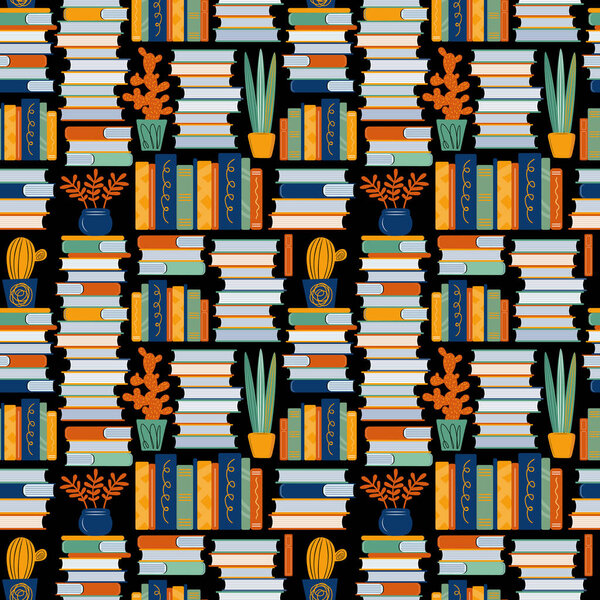 Seamless vector pattern with hand drawn books and home plants. Background of large stacks of books, cacti and succulents. Scandinavian decorative textile, wallpaper, wrapping paper design idea