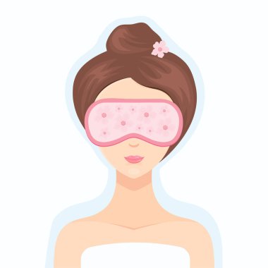 Yüz ve gözler için kolajen kaldırma maskesi takmış güzel kadın. Kozmetik ürünü. Yüz için kozmetik tedavi. Ev kaplıcası cilt bakımı. Vektör düz resimleme.