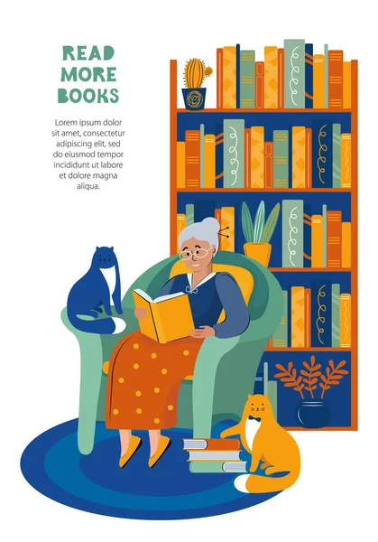 Літературний Фанат Стара Жінка Читає Книжку Сидячи Затишному Кріслі Бібліотеці — стоковий вектор