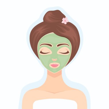 Güzel bir kız yeşil kolajen yüz maskesi kullanarak kozmetik bir işlem gerçekleştiriyor. Kozmetik ürünü. Kolajen kozmetik ürünleri. Cilt bakımı için kaplıca maskesi. Güzellik tedavisi. Vektör düz resimleme