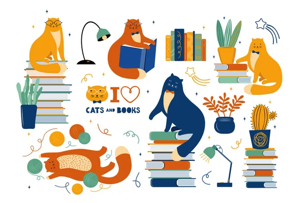 Grote Groep Grappige Katten Zijn Literaire Fans Leuke Dierenliefhebbers Van — Stockvector