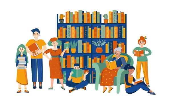 Literaire Fans Familie Bibliotheek Die Boeken Leest Mensen Van Verschillende — Stockvector