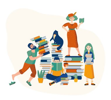 Edebiyat hayranları. Aile kitap okur. Anne, baba, kız, oğul ve kedi kitapların arasında. Zeki, eğitimli bir aile. Aile boş zamanlarını paylaşır. Kütüphanedeki insanlar. El çizimi vektör illüstrasyonu